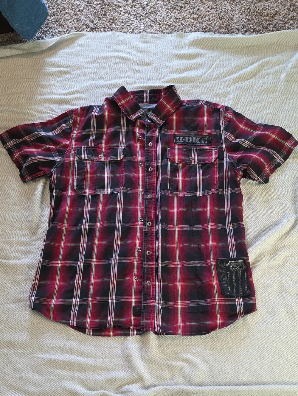 Harley-Davidson Red & Black Plaid Short-Sleeve Button-Down Shirt - Picture 1 of 7
